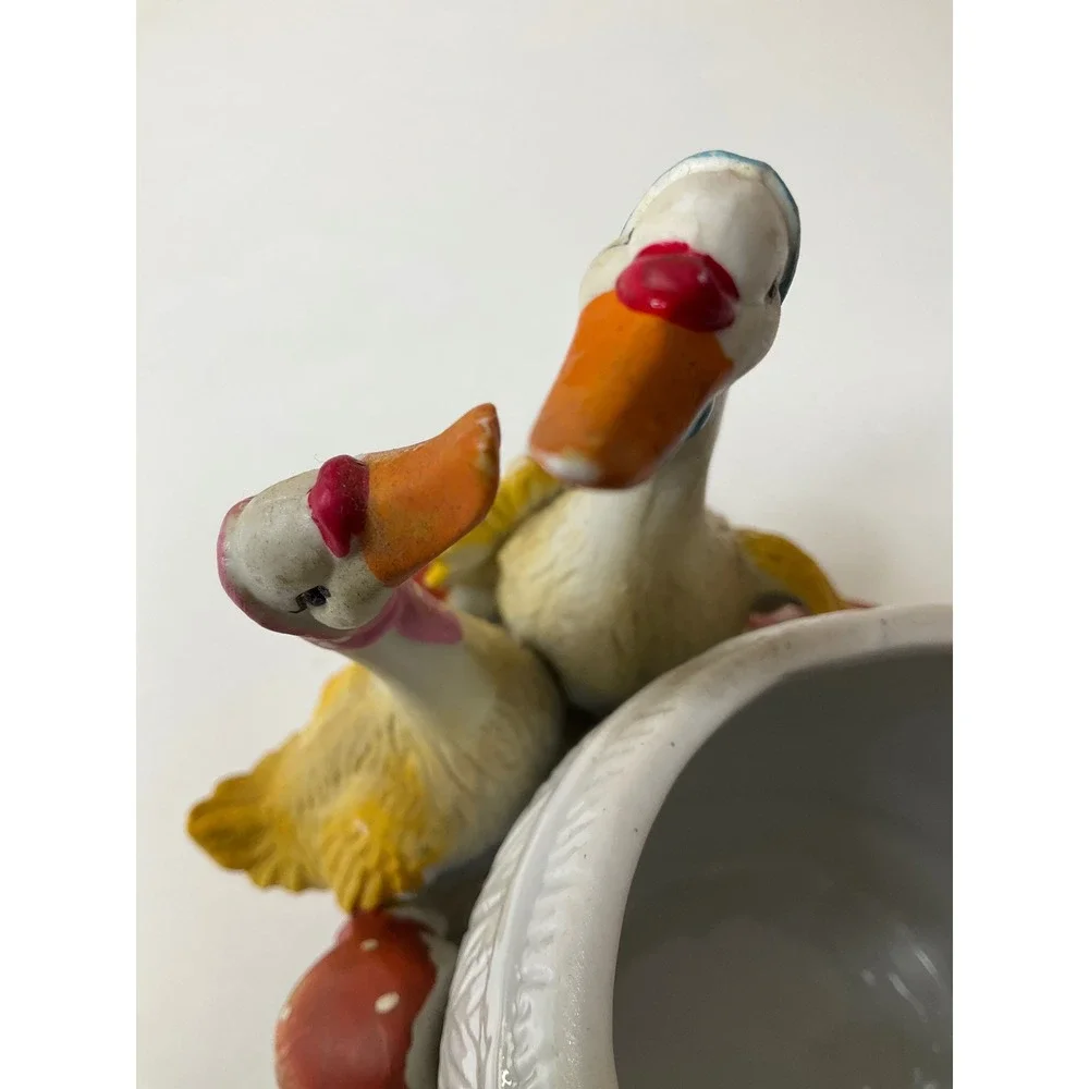 Vintage Ceramic Mother Goose Planter 2 Geese Mushrooms Decor Cottagecore Country